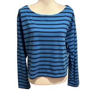 J Crew Size M Cropped Boatneck Tee T Shirt Mariner Cotton Breton Stripe Blue